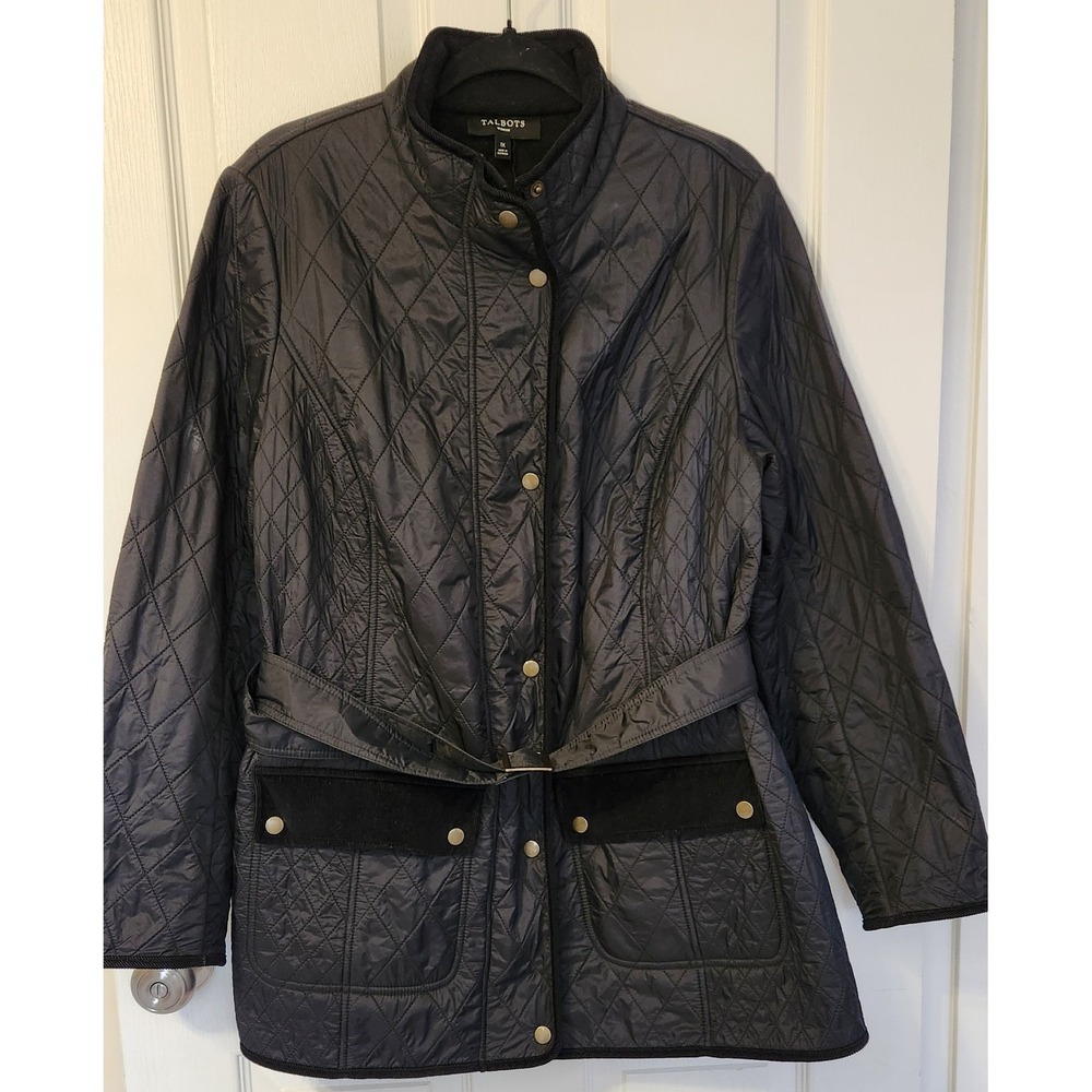 Talbots‎ Quilted Barn Jacket Belted Black Size 1X Corduroy Trim Chore Pockets